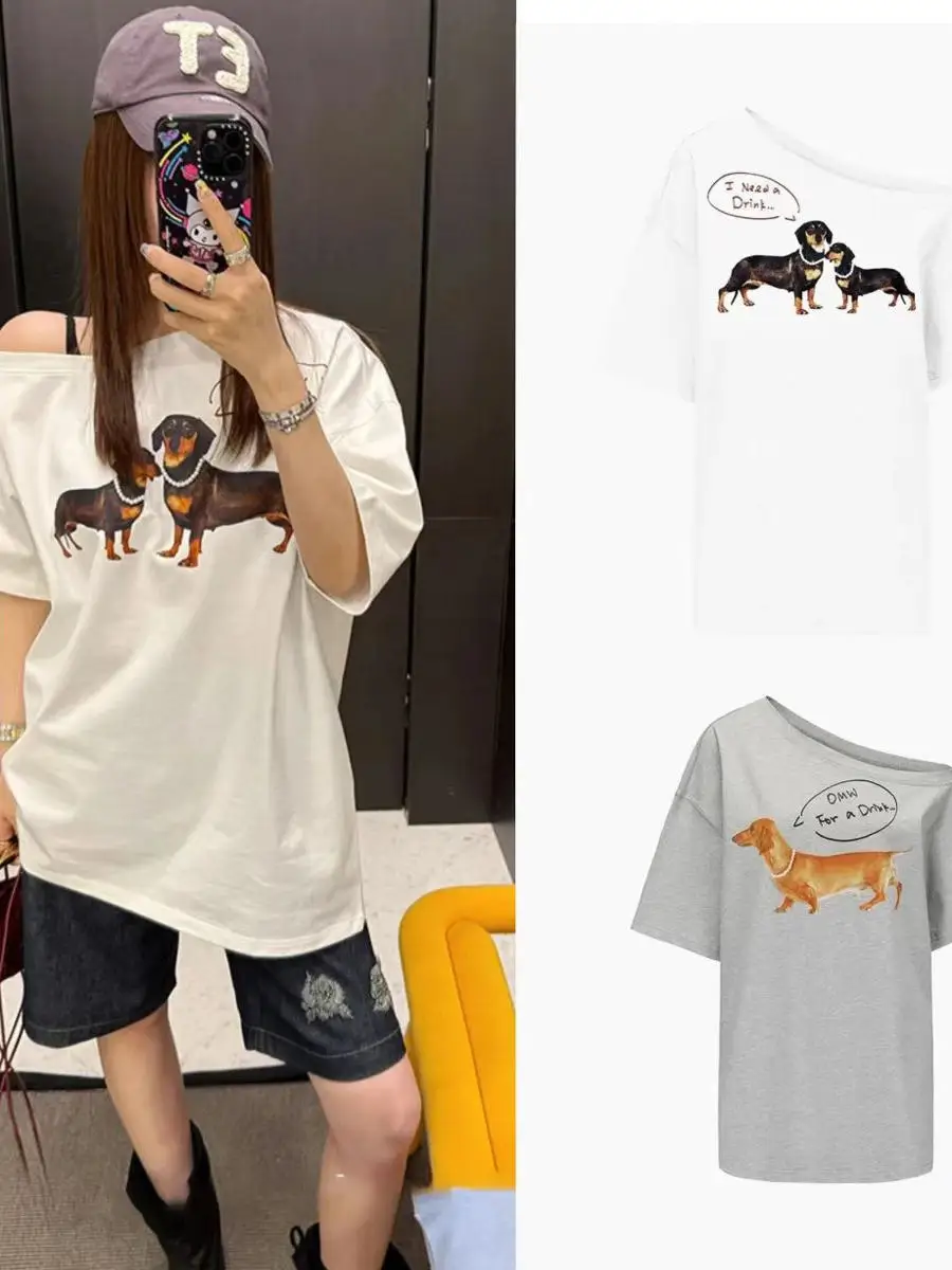 

Casual Pearl Nelace Printed Loose ort Sve T-irt oulder Print Doggies Summer Sweat ng Cotton Ladies Top