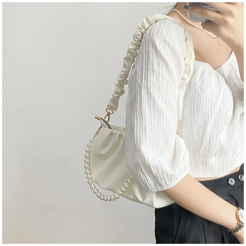 Light Yellow Single Shoulder Underarm Bag White Handbag for Women 2024 New Versatile Niche Design Beading Pleated Cloud Bags