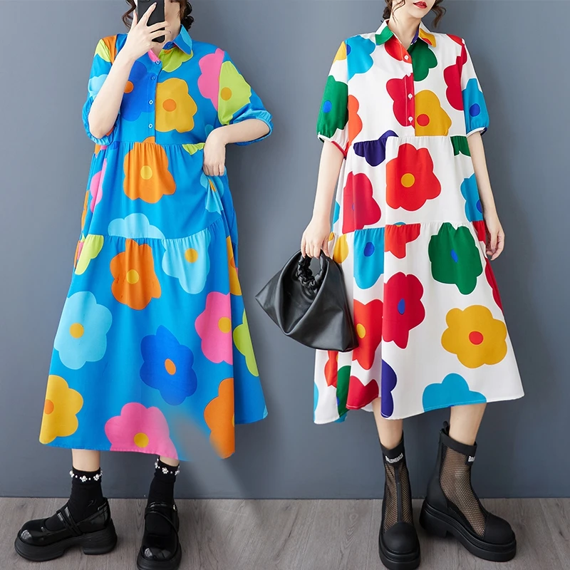 

Новая летняя свободная длинная юбка миди с художественным принтом, простая милая длинная юбка с отложным воротником, смесь хлопка и полиэстера ort Sve