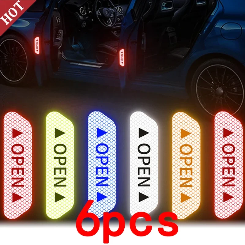 

6pcs Car Door Stickers Universal Safety Warning Mark OPEN High Reflective Tape Motorcycle Bike Helmet Sticker Car Accessories