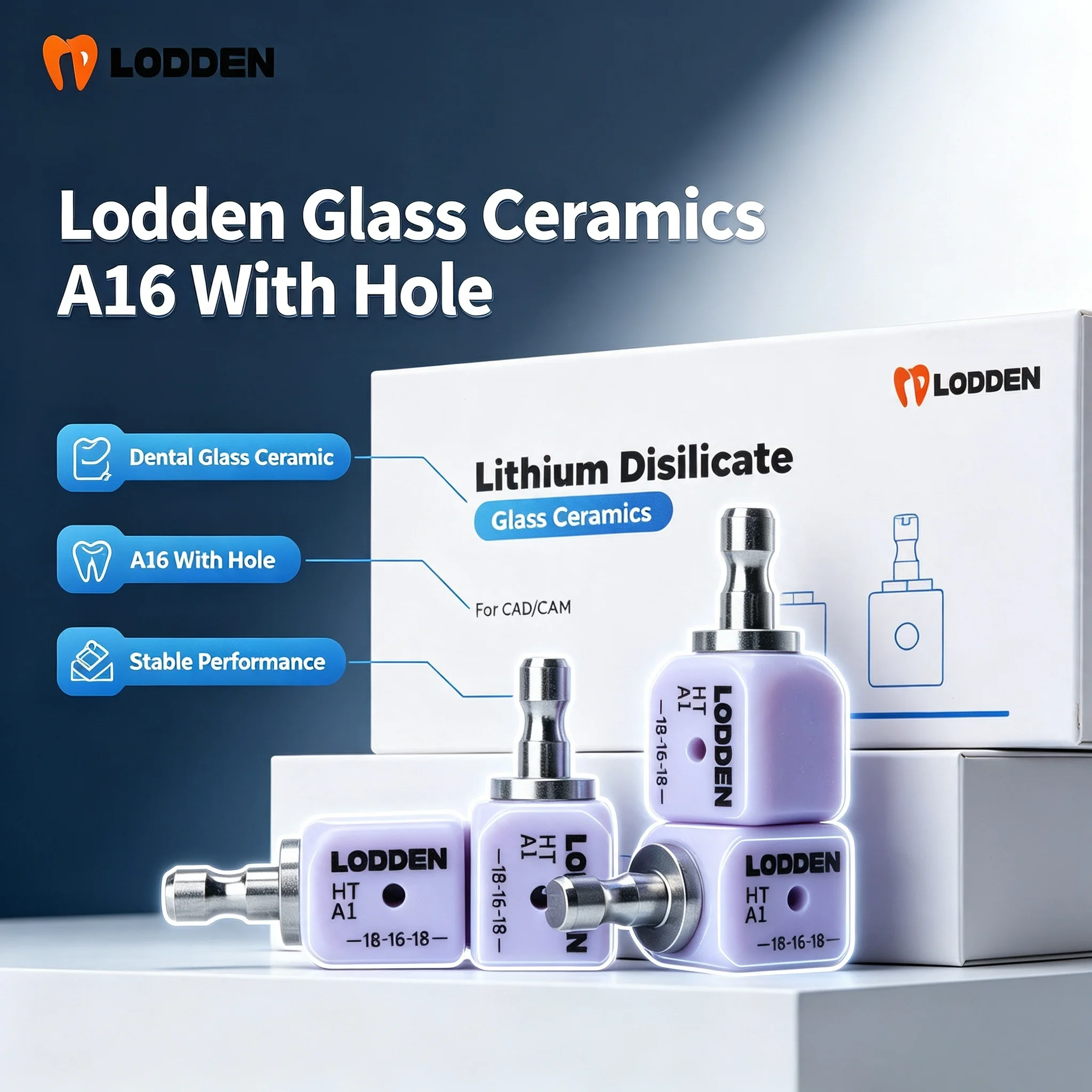 Lodden Glass Ceramics A16 With Hole Lithium Disilicate Blocks Glass Ceramic Cubes CAD/CAM Open System Veneer Dentist Materials