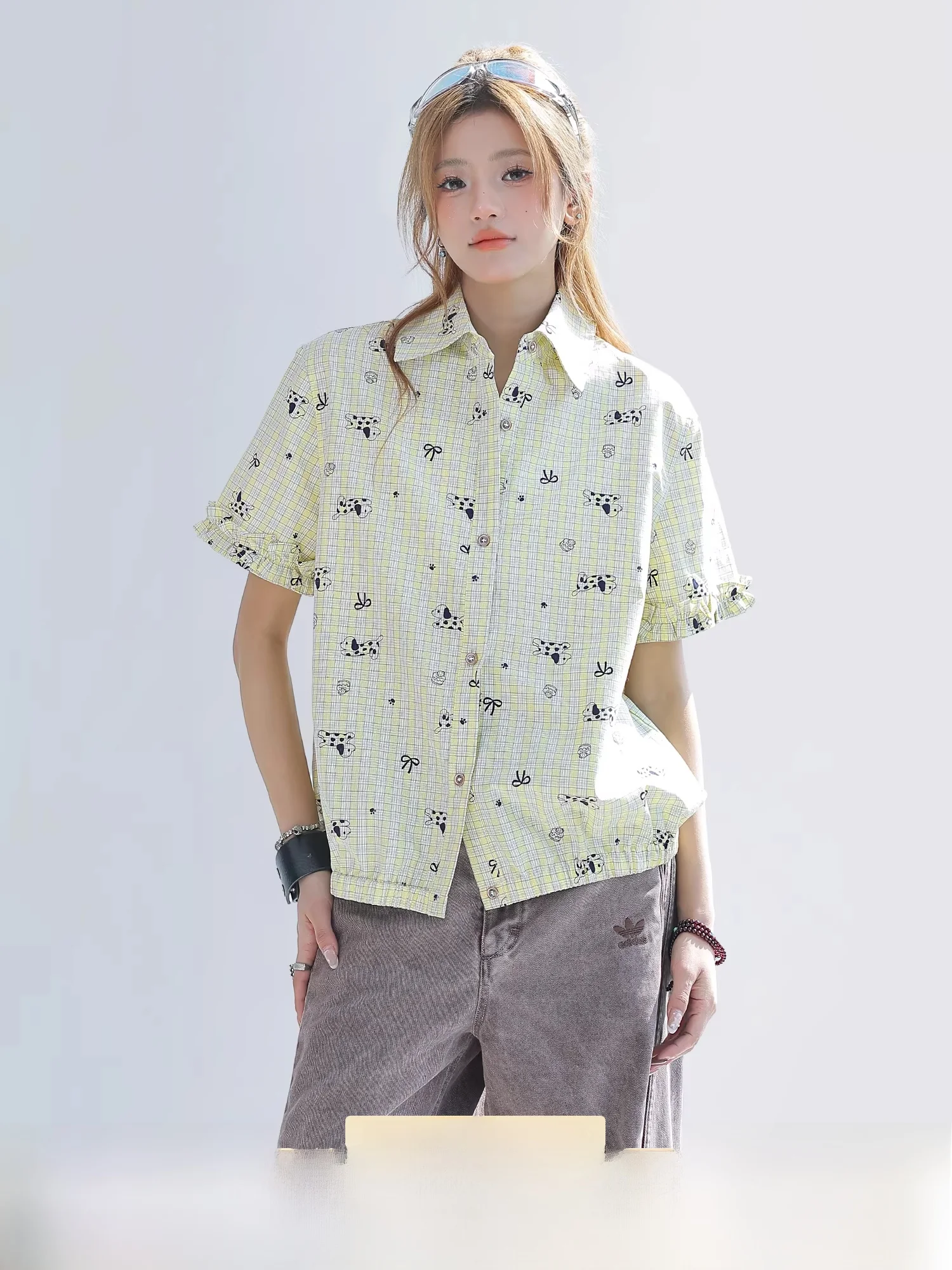 

Cute Dog Bow Tie Print Plaid Short Sleeve Women's Summer Shirt Design Sensation Lace Trim Cotton Polyester Blend Casual Style