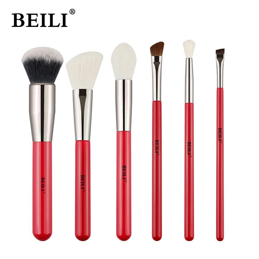 

BEILI 6pcs Red Natural Makeup Brushes Set Goat Synthetic Foundation Blush Eyeshadow Eyeliner Professional Makeup Brush Kit