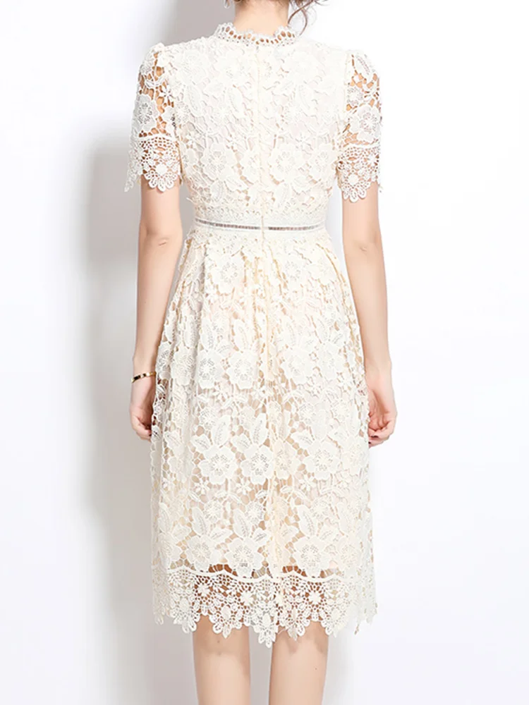 SMTHAM ฤดูร้อน Holiday Hollow Out ดอกไม้เย็บปักถักร้อยลูกไม้ชุดราตรีผู้หญิงแขนสั้น Midi ยาวพรรค Vestidos