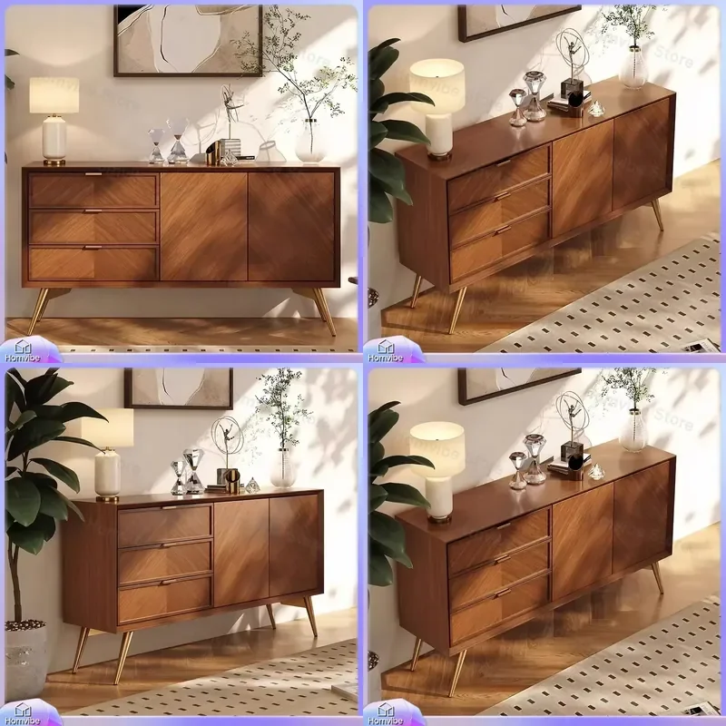 Medieval Style Solid Wood Sideboard Living Room Entryway Cabinet Fishbone Pattern Storage Locker Hallway Furniture Home Decor