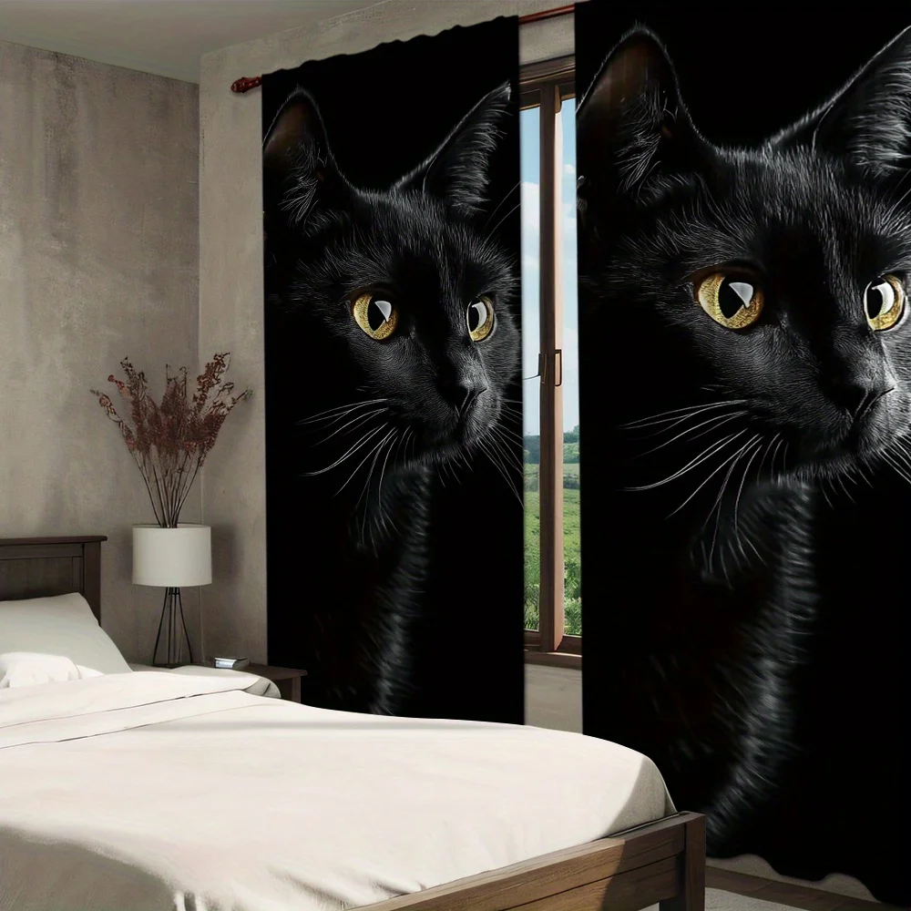 

2pcs Black Cat Golden Eyes Portrait Curtains Blackout Drapes for Bedroom Pet Lover Decor Realistic Animal Face Print Window