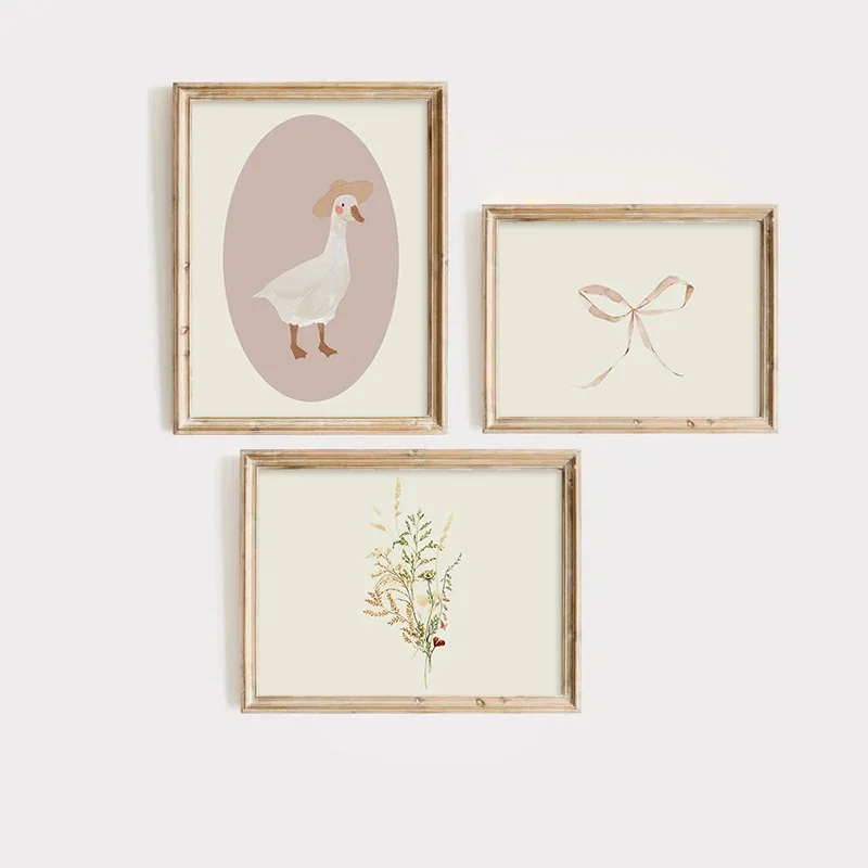 3pcs Light Pink Boho Art Poster Duck Bow Vintage Trendy Avant-Garde Gallery Wall Canvas Painting Girls Room Home Decor Wall Art