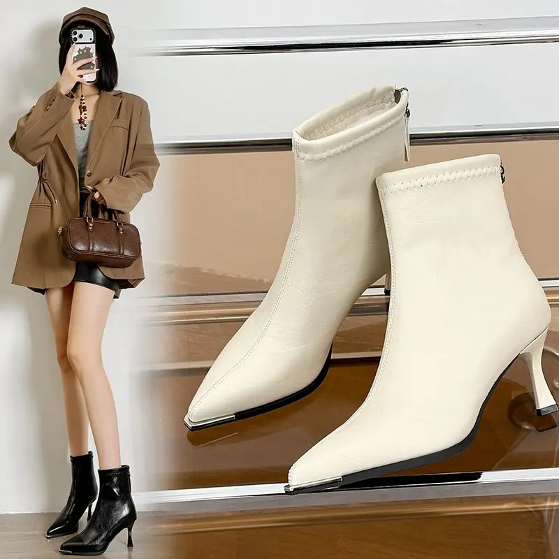 メタリックポインテッドトゥハイヒールレディース薄型ヒールファッションショートブーツソフト本革ジッパースリム＆ベアブーツ