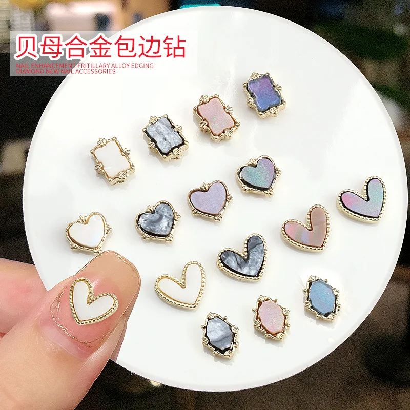 10PCS Japan Pearl Shell Gem Gold Alloy Edging Jewelry Nail Art Rhinestones Decorations Manicure Natural Ornaments Accessories