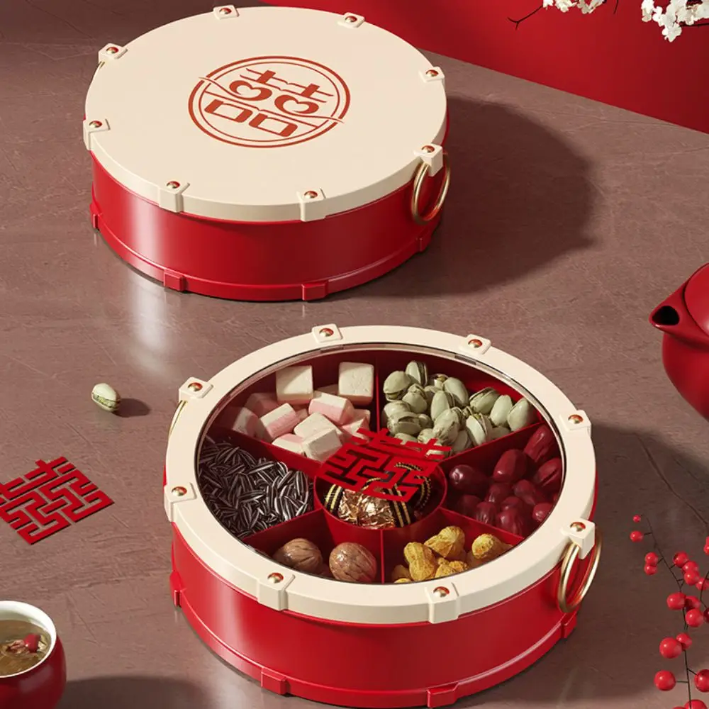 

7-Compartment Drum Shape Nut Serving Tray Round Dustproof Spring Festival Snack Serving Plate Chinese Style with Lid Fruit Plate