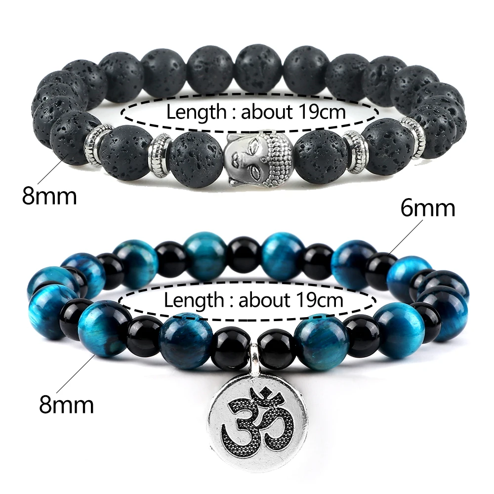 2pcs Buddha Head Charm Men Bracelets Vintage Natural Lava Stone Tiger Eye Malachite Beads Bangles Women Meditation Yoga Jewelry