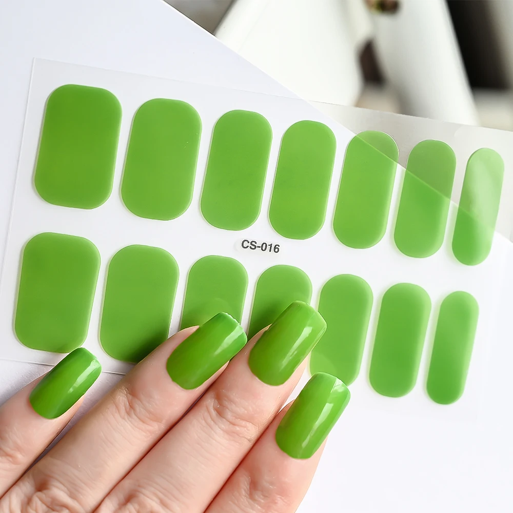14tips Green Gradient Nail Stickers Gel Nail Strips Long-Lasting Solid Color Full Nail Wraps Self-Adhesive Slider Manicure Decor