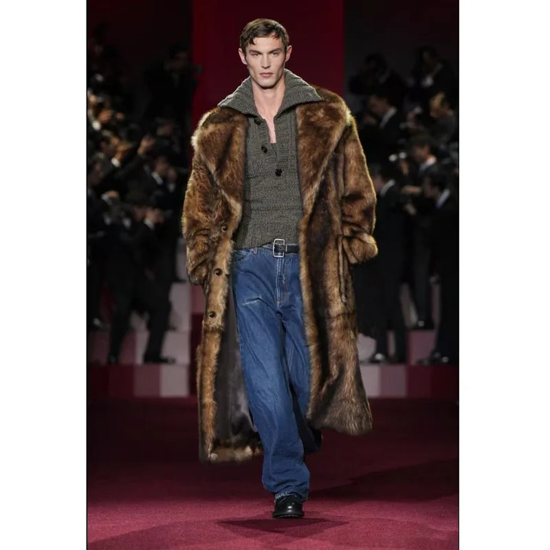 Thick Jacket Winter Fur Overcoat Men Faux Fur Mink Cardigan Open Stitch Spliced Pockets High Street Outerwear Windbreaker