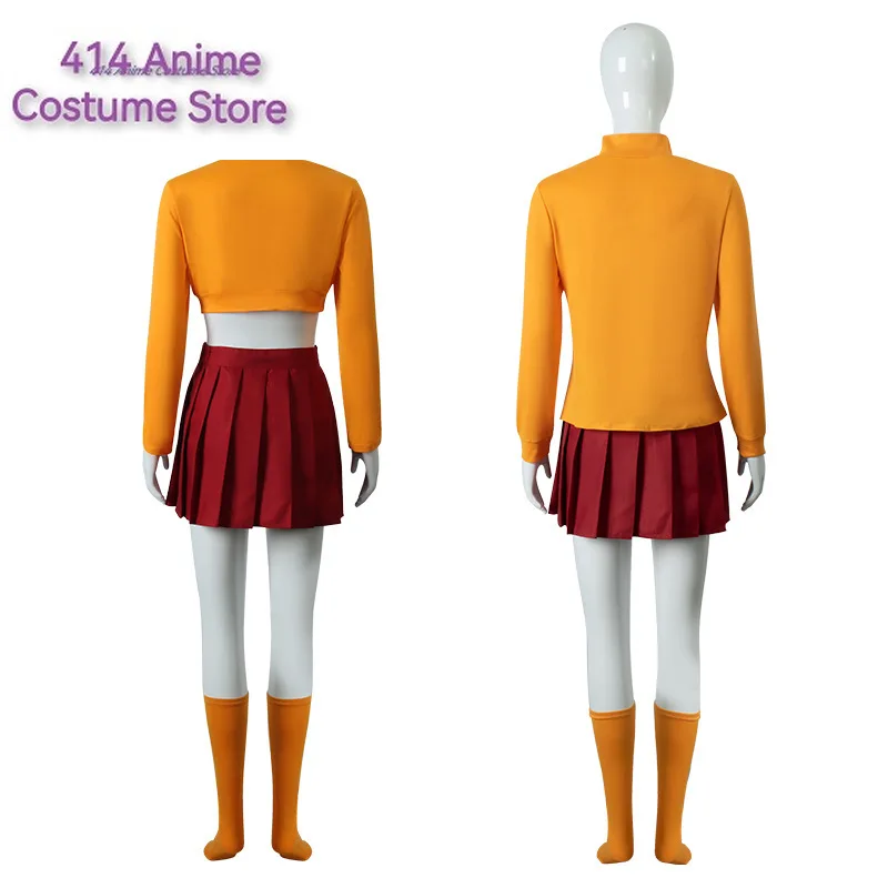 Velma Cosplay Uniform Anime Woman Orange Top Skirt Socks Glasses Halloween Costume Set Girls Velma Wig