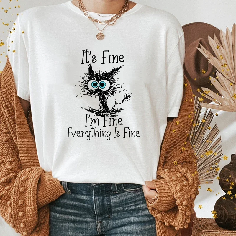 Graphic T Shirt Summer Women 100% Cotton T Shirt It's Fine Funny Cat Print  2024 Short Sleeve Tops Female Clothing