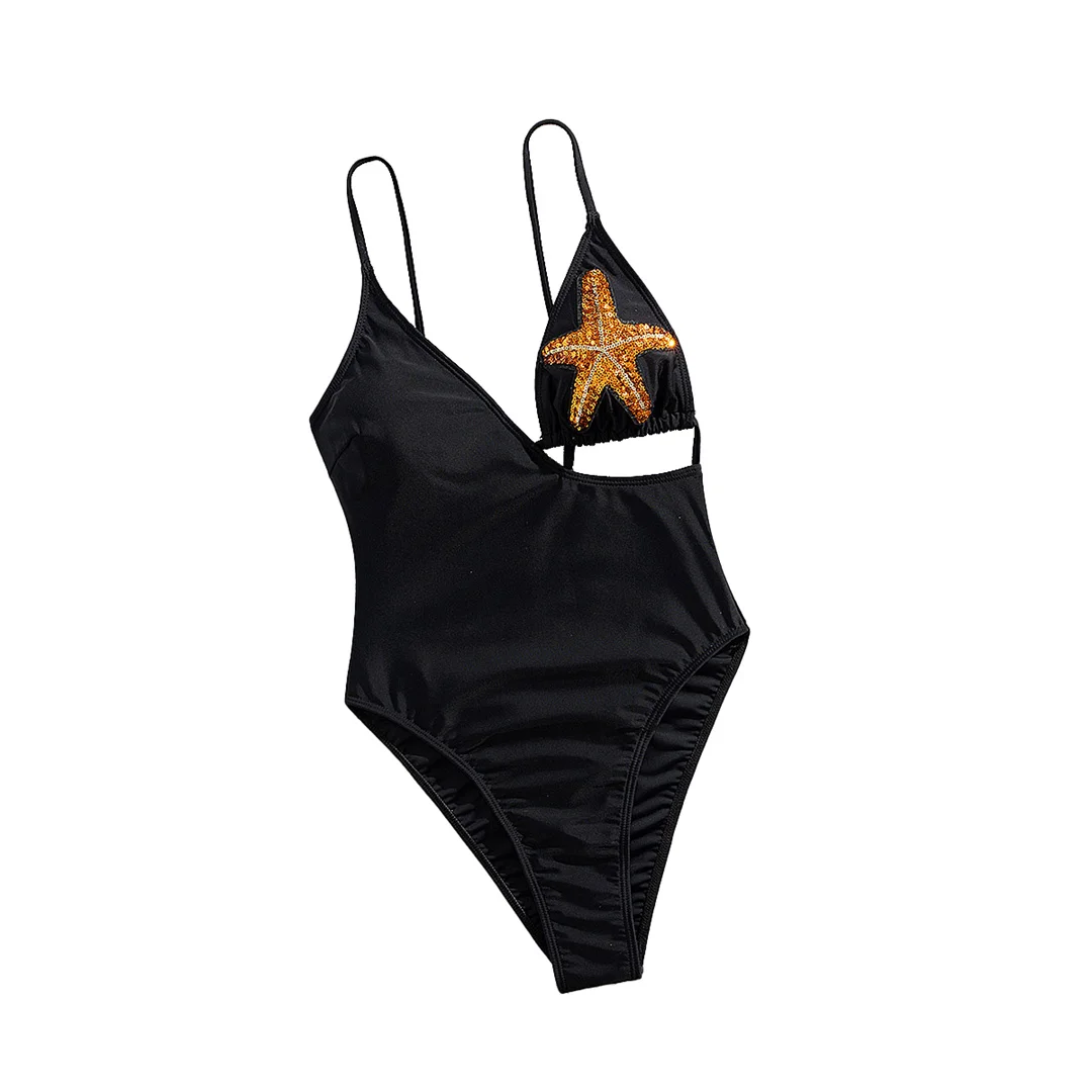S - XL Neuer asymmetrischer Badeanzug mit Pailletten und Sternen, einteiliger Badeanzug für Damen, Badebekleidung, Monokini mit hohem Beinausschnitt, Badeanzug, Schwimmanzug V7560 – Detail 5