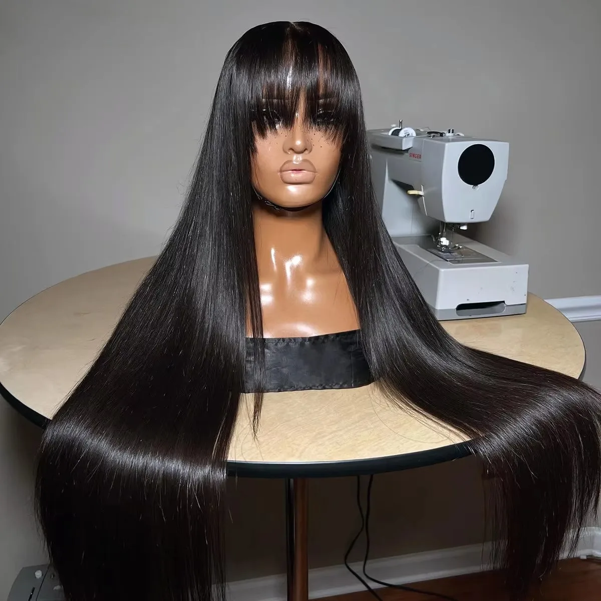 Soft Hair Black Fringe Wig Glueless Straight Lace Front Wig Synthetic Heat Resistant 13X4  HD Lace Frontal Wig with Bangs