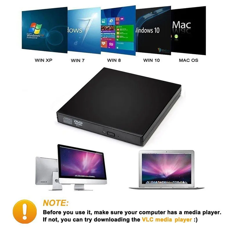 DVD Optical Drive CD/DVD-ROM CD/DVD-RW Player Burner Slim Reader Recorder USB 2.0 Portable External for Windows Mac OS Practical