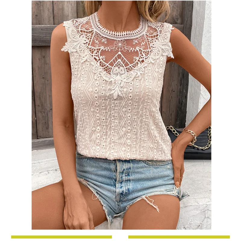 Chaleco pequeño con cuello de encaje para mujer, top con tirantes con gancho de color sólido, elegante y elegante, primavera y verano
