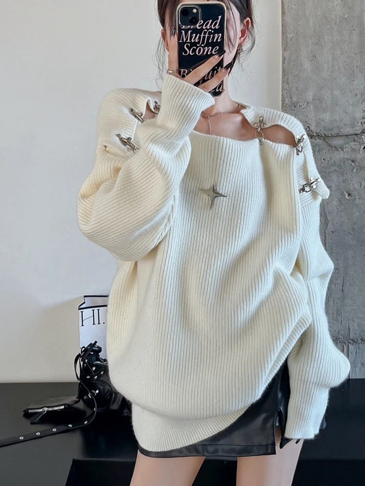 Oversize Knitted Sweater Women Y2K Off Shoulder Pullover Female Autumn Winter Loose Jumper Ladies Casual Slash Neck Sweater