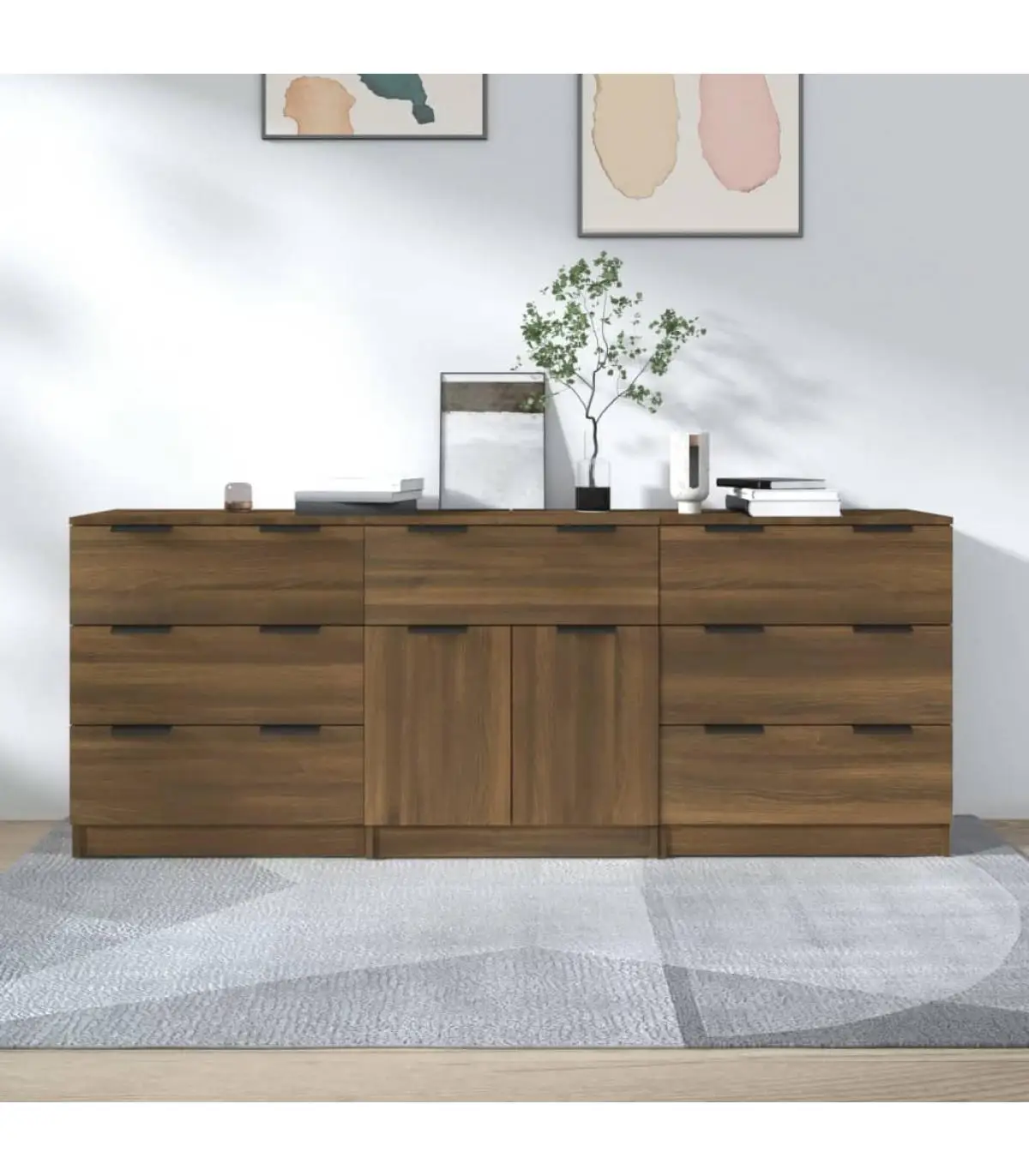 Brown oak plywood 3-piece sideboard