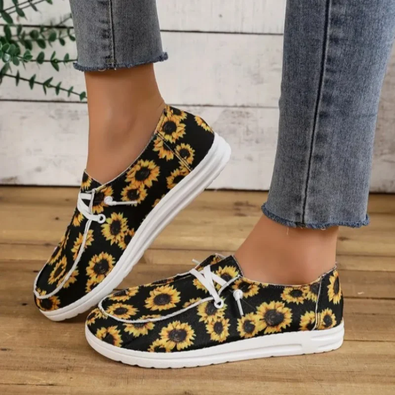 Zapatos planos de cabeza redonda para mujer, calzado informal con estampado y cordones, a la moda, para exteriores, a la venta, 2023