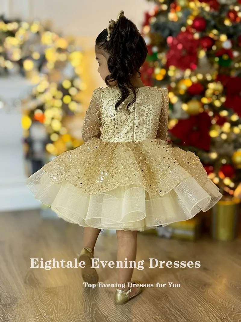 Robes à fleurs Champagne pour filles, Mini Costume personnalisé à paillettes et manches longues pour filles, robe Tutu de fête d'anniversaire pour enfants