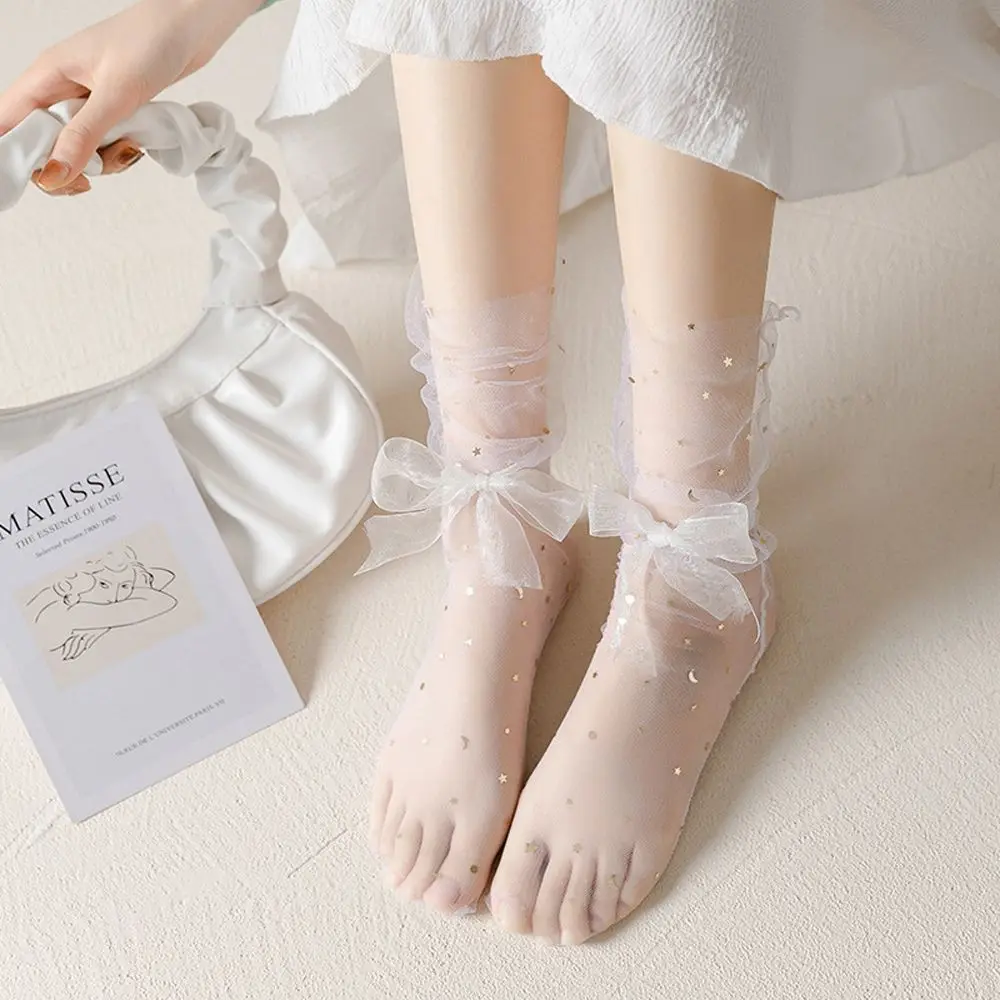 Summer Ultra Thin Socks Transparent White Lace Mesh Socks Bow Medium Tube Socks Silk Hosiery Women Socks