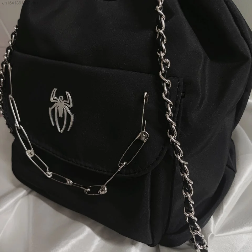 Black Spider Punk Backpack Y2K Chain Drawstring Rock Gothic Motorcycle High Street Hippie Women Men Bag Korean Fashion Yk2 Bags