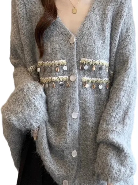 

Ay Вязаный свитер с блестками Jaet, женский зимний большой размер, мягкий уютный кардиган с v-образным вырезом для старшеклассников, большие размеры, теплая выходит...