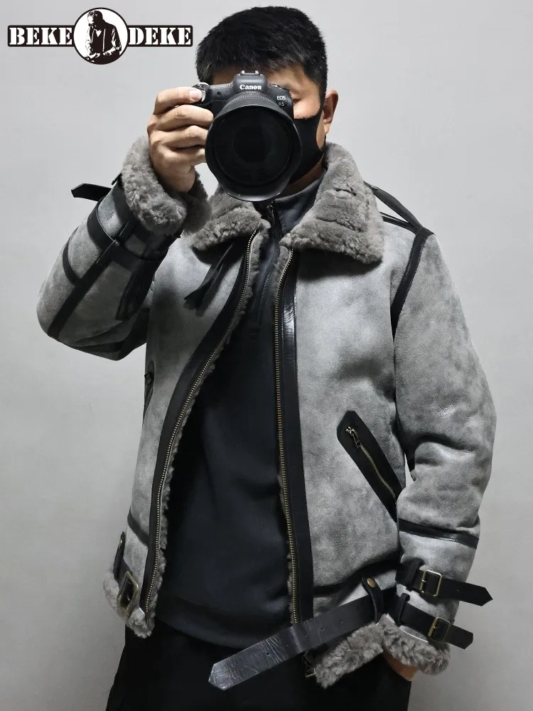 Mens Winter Real Fur Jacket Sheepskin Genuine Leather Wool Lining Thick Warm Motor Biker Coat Natural Shearling Overcoat M-6XL