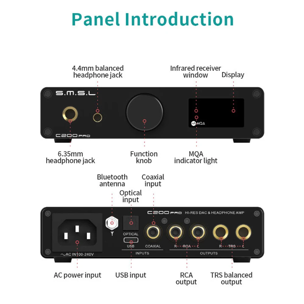 SMSL C200Pro decodificador de Audio de alta resolución MQA-CD DSD compatible con Bluetooth 5,1 USB óptico Coaxial 6,35mm 4,4mm salidas amplificador de auriculares