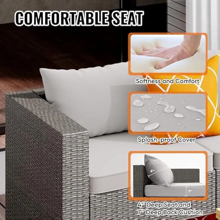 Patio Conversation Set All Weather Patio Sofa Manual Weaving Wicker Rattan Sectional Sofa with Washable Cushions & Glass Table