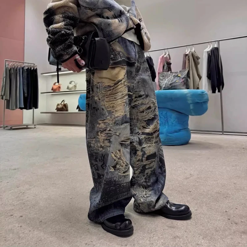 WTHT خمر الرجال الكتابة على الجدران الوهم هول تصميم الدنيم السراويل موضة شارع العليا مستقيم واسعة الساق الجينز الذكور 2025 الصيف 2A1145