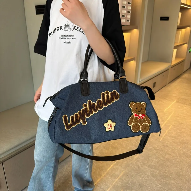 Women denim blue travel bag Separate Shoe compartment dry and wet separation gym bag duffle bag bolsa de viaje sac de voyages