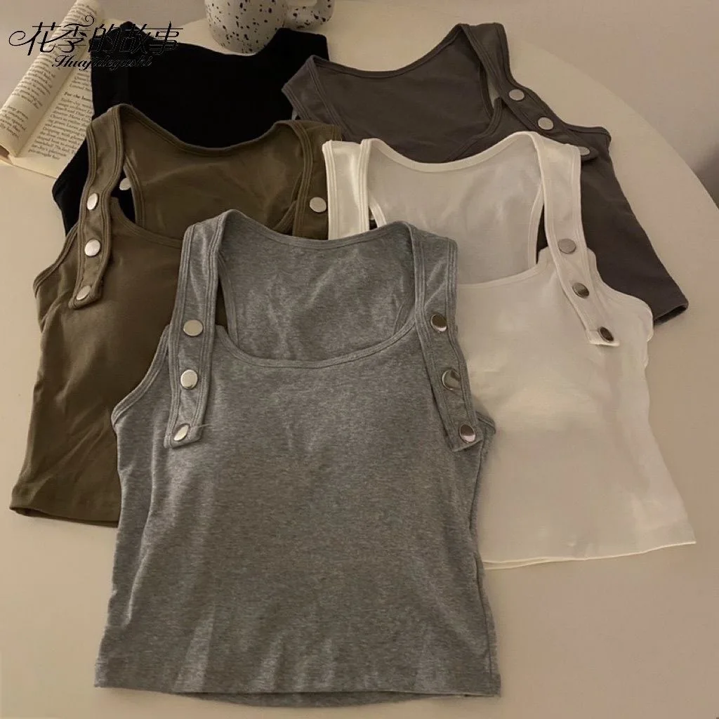 Girls New Vest Summer New Solid Sleeveless Shoulder Straps Design Sense Short Tops Fashion 2024 Sleeveless Cool Solid