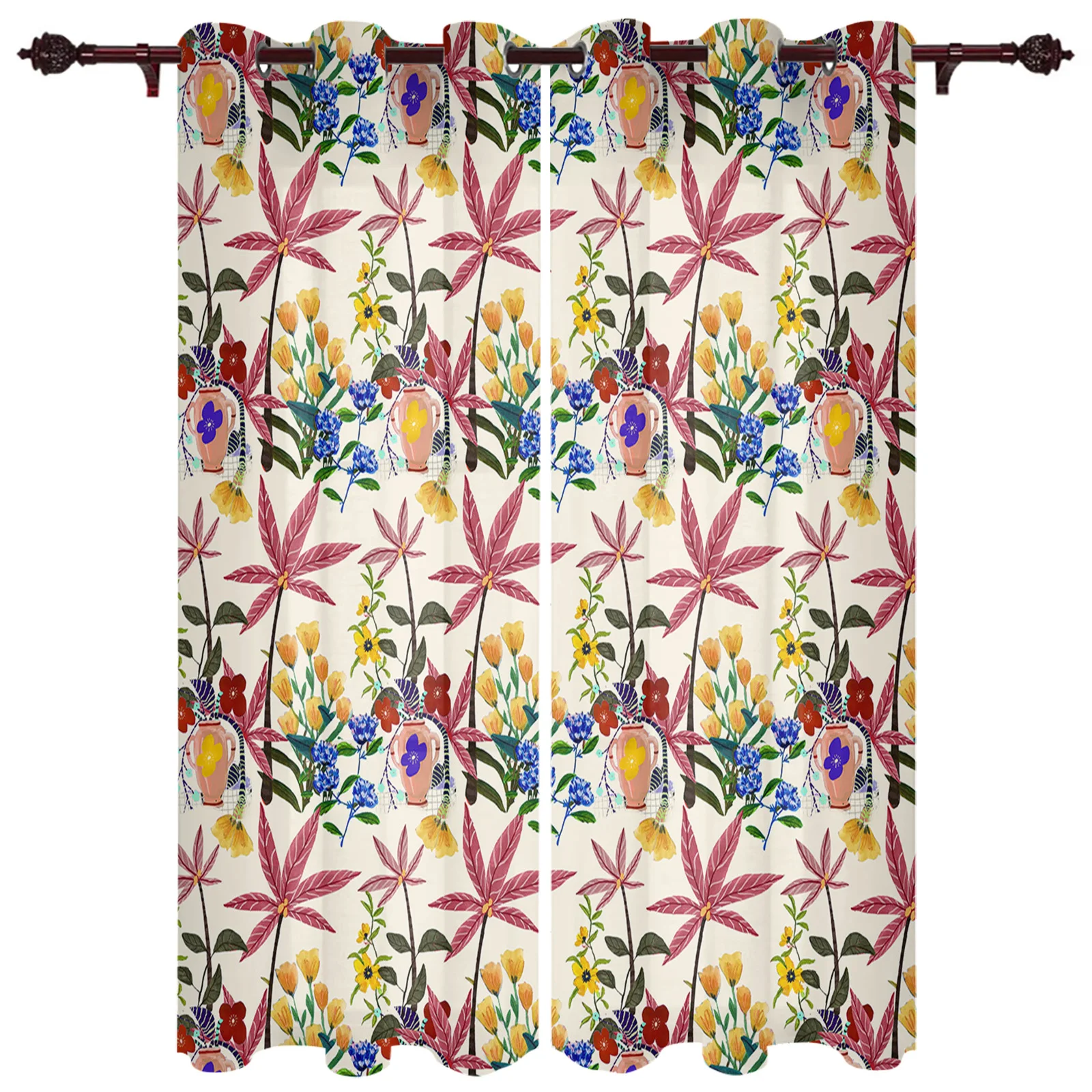 Pottery Pot With Flowers And Leaves Curtains for Living Room Bedroom Study Decor Curtain Modern Kitchen Window Curtains