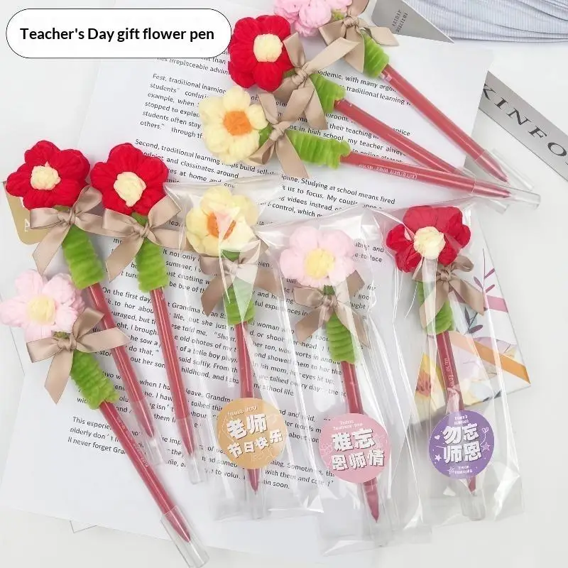 1Pcs Cute Plush Flower Gel Pen Creative Decorative Gel Pen Knitted Floral Writing Pen Smooth Writing Teachers Day Gifts