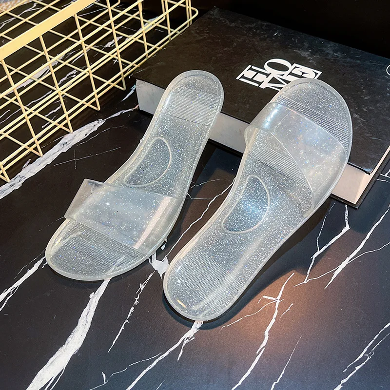 Women's Flat Bottom Slippers 2026 New Outdoor Bathroom Bath Home Universal Crystal Transparent Simple Fashion Sandals
