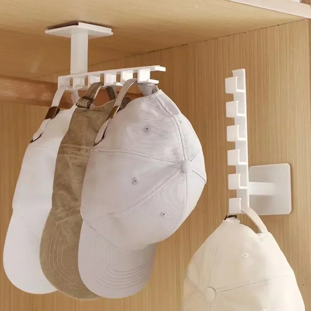 6 Hooks Hat Holder L Shaped Baseball Cap Storage Rack Wall Mount Hat Belt Multifunctional Storage Without Punching Hooks