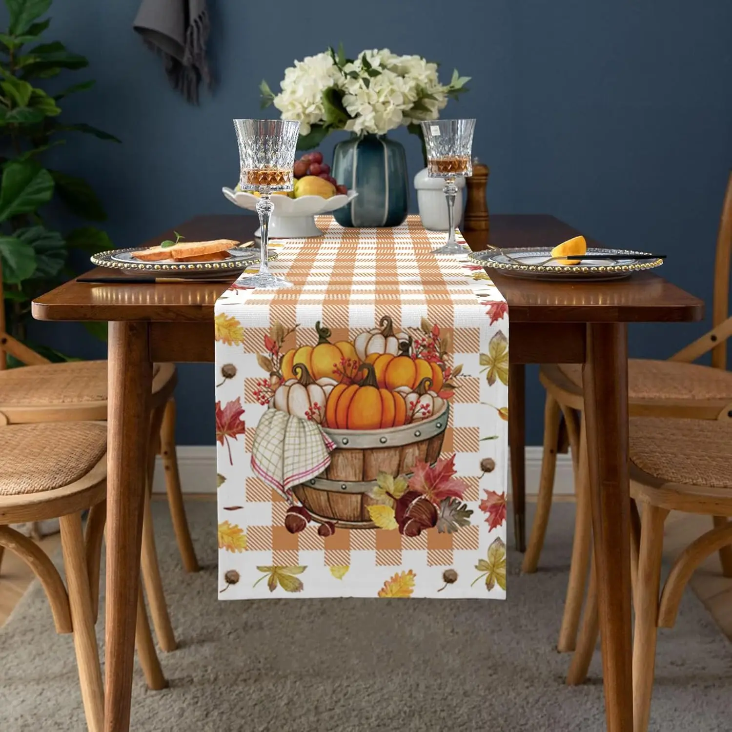 Fall Harvest Thanksgiving Pumpkin Linen Table Runner Table Decor Autumn Maple Leaf Buffalo Plaid Table Runners Home Party Decor