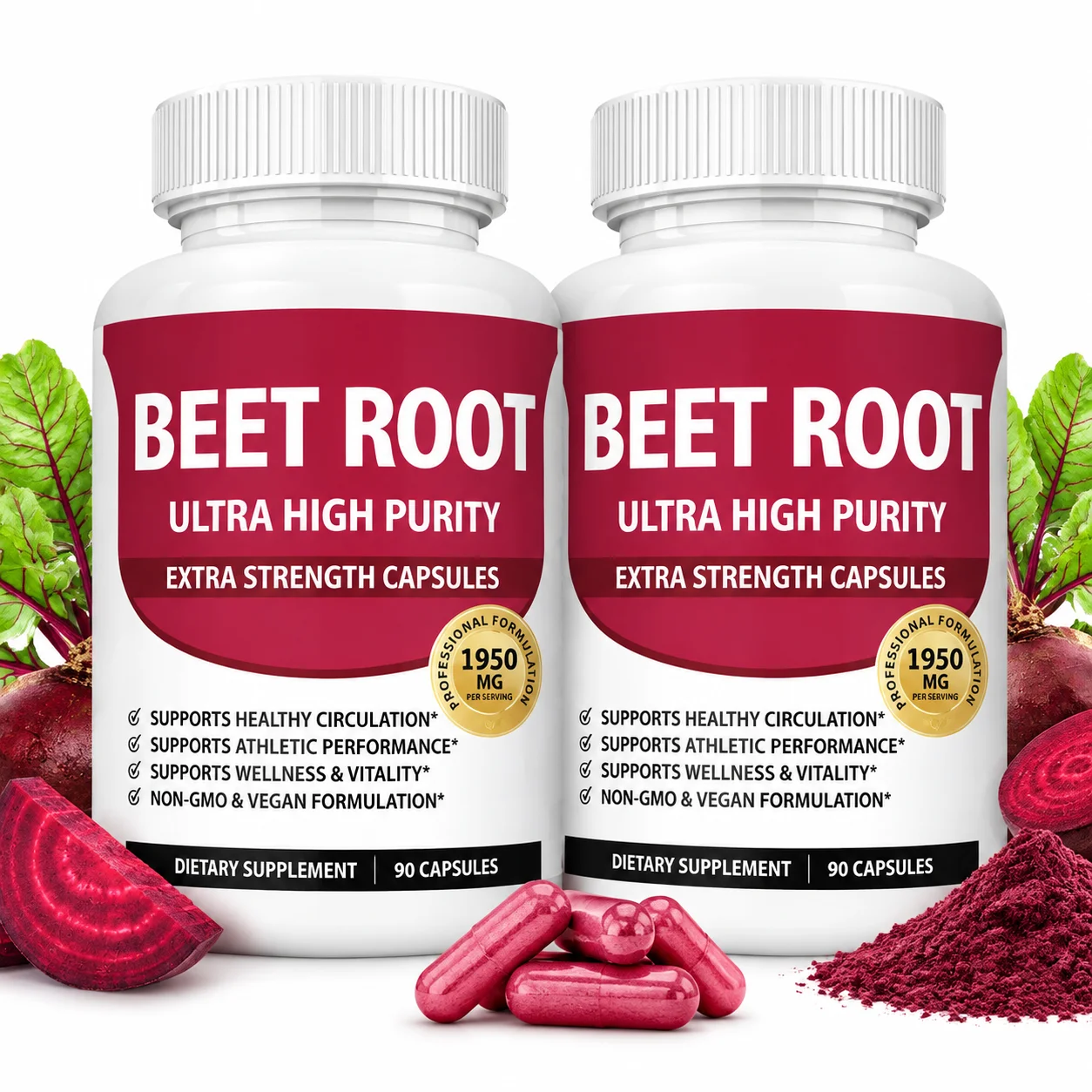 2pcs Organic Beet Root Capsules 1950mg Pure Beetroot Supplement