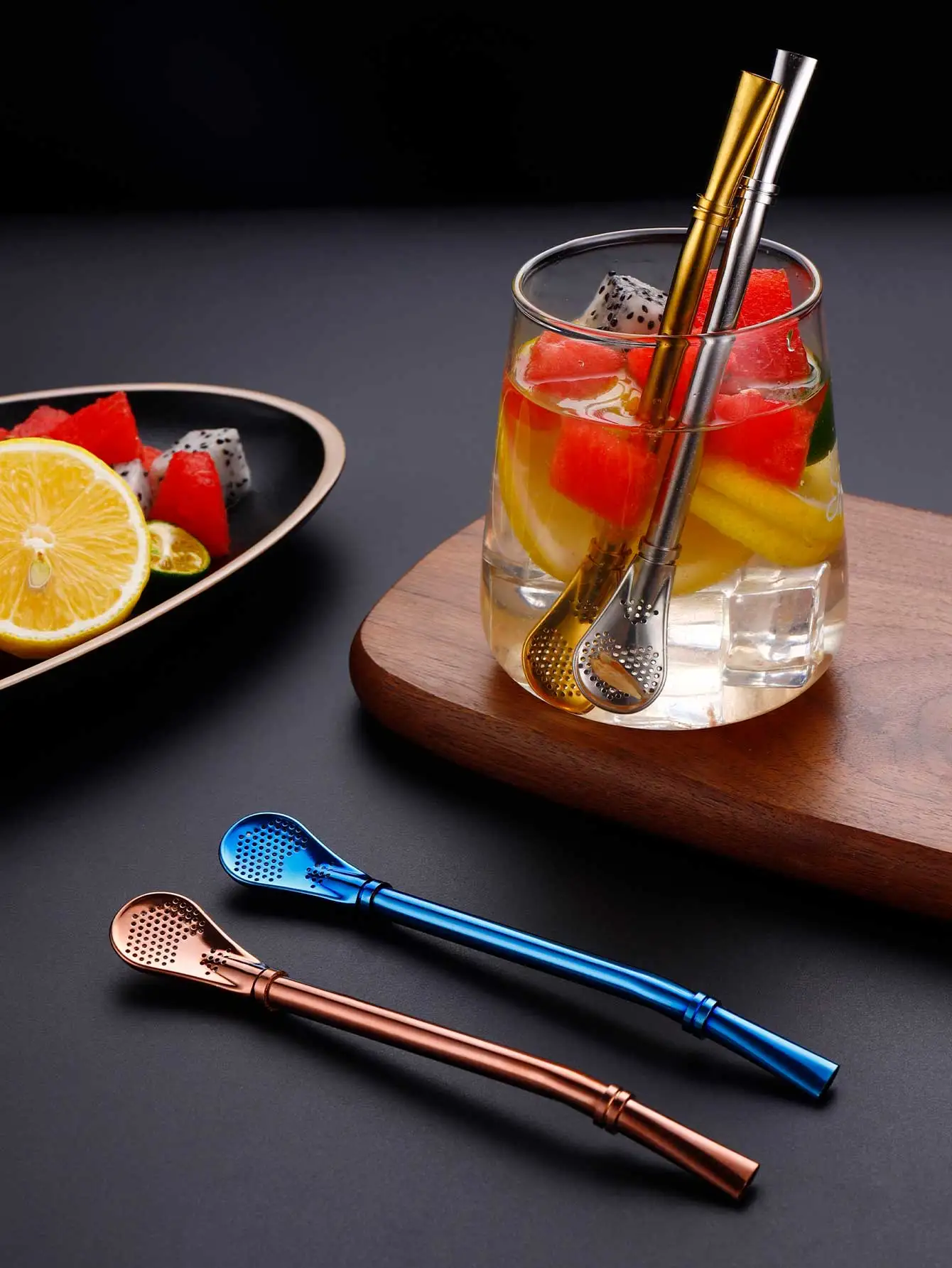 WORTHBUY 18/8 Colorful Stainless Steel Tea Drinking Straws Spoon Tea Filter Reusable Bombilla Gourd Tea Tools Bar Accessories