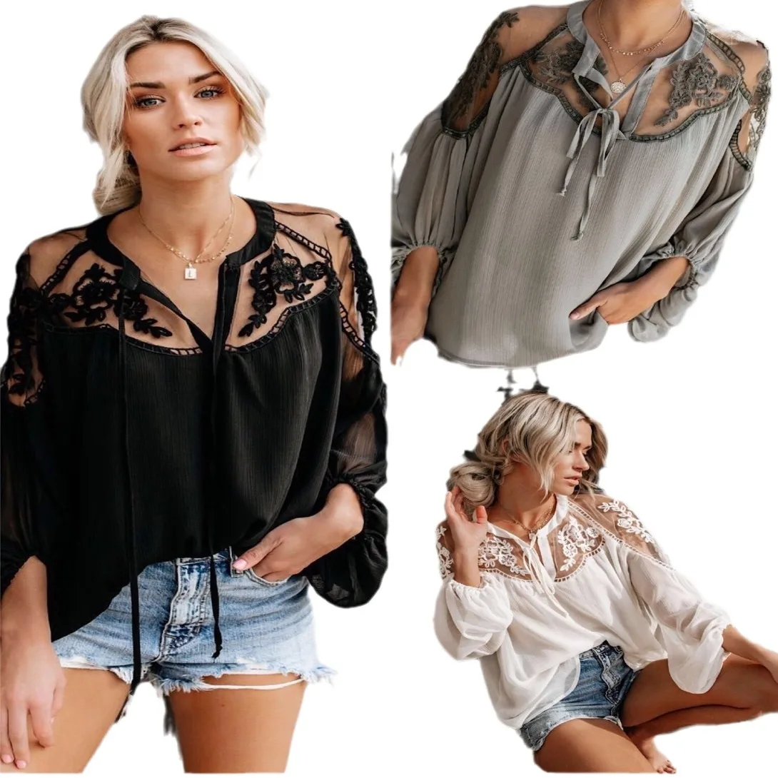 Women Chiffon White Pullover Shirt Casual Lace Patchwork Casual Loose Black Autumn Spring Offcie Lady Blouse Tops Fall Blusas