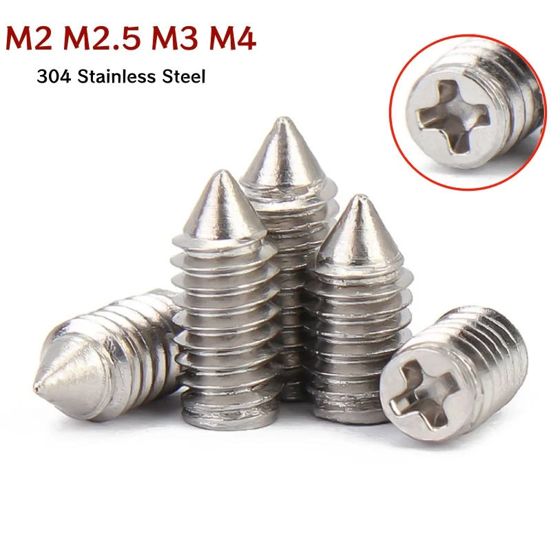 10/100pcs M2 M2.5 M3 M4 304 Stainless Steel Cross Recessed Tapered End Headless Grub Bolt Phillips Cone Point Set Screw