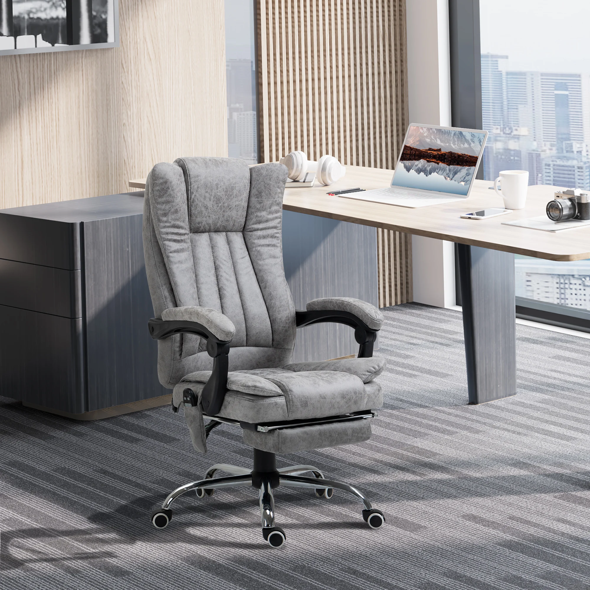Massage Office Chair with 6 Points and Heat, Reclining Computer Chair with Adjustable Height and Footrest, Gray