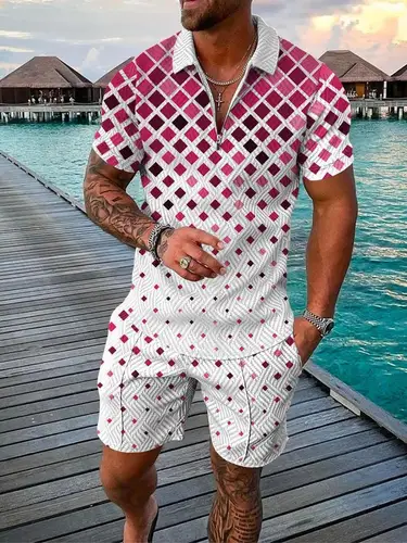 Imagen 2 del producto 2025 Conjunto de camisa polo con estampado 3D de verano para hombre, conjunto deportivo informal con solapa, conjunto de estilo playero para hombre, conjunto de ropa de calle para hombre Camiseta
