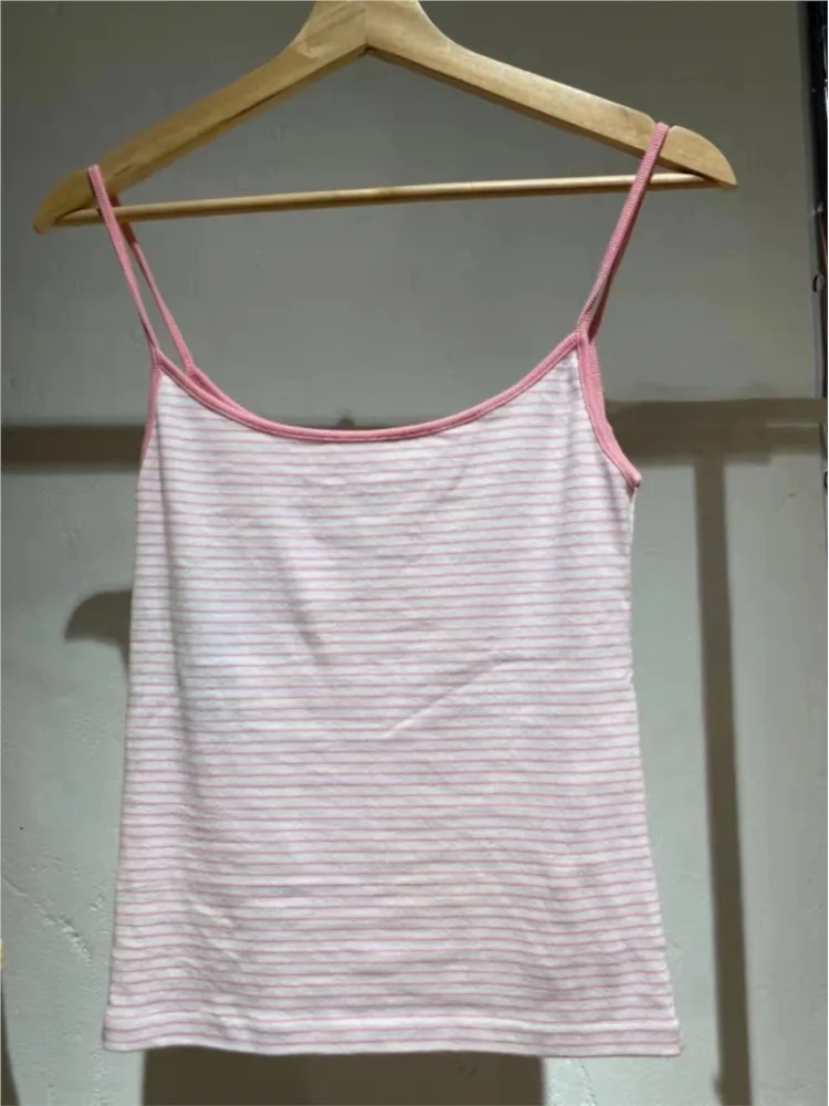 Camisola a rayas rosas ajustadas para mujer, ropa informal de algodón, chalecos sin mangas bonitos y sexis, camisetas sin mangas Vintage Y2K elegantes para mujer