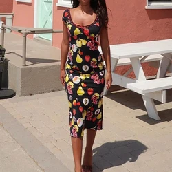 Fruit Print Midi Dress Women Short Sleeve O Neck Tie-up Long Dress for Street Party Vintage Elegant Wrap Bodycon Cocktail Dress