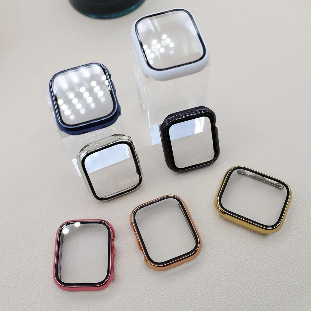 Tempered Glass Cover for Apple Watch Series 9 8 7 6 5 4 SE Screen Protector Hard PC Cover Bumper iWatch Case 41mm 44mm 40mm 45mm